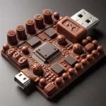 AI generated square shaped printed circuits board with assembled components but all made from milk chocolate.