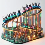 AI genereated colourful roller coaster made from printed circuits boards. Riders in the train have there hands in the air as they ride down the first drop.