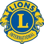Lions logo. Blue & gold logo with two lions heads and the words 'Lions' at the top and 'international' at the bottom. A capital L in the middle.