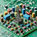 Microwave and Radio frequency PCB visualsation, with a tiny antenna sitting on top of a populated board.