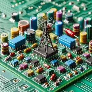 Microwave and Radio frequency PCB visualsation, with a tiny antenna sitting on top of a populated board.