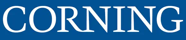 Corning logo. Dark blue rectangle with the white text 'CORNING' over the top.