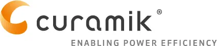 Curamik Logo. The text 'curamik enabling power efficiency' with a yellow/orange curled 3d C shape on the left.