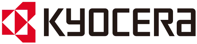 Kyocera logo. Black 'KYOCERA' text to the right of red logo made up with touching triangles.