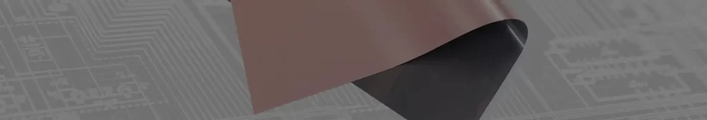 Background banner image. light grey technical drawing in the background with a curved flexible brown PCB material in the middle.