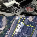 two images showing an ariel view of the factory, The top one shows it from the 1960's with the railway line running behind the factory. The bottom photo shows the facotry now with addtional units moving onto the now tore up railway enbankment.