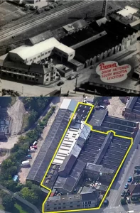 two images showing an ariel view of the factory, The top one shows it from the 1960's with the railway line running behind the factory. The bottom photo shows the facotry now with addtional units moving onto the now tore up railway enbankment.