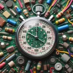 Shortening PCB Lead Times - AI generated image of an old style silver stop watch with a Printed Circuit board face. The watch is surrounded by brightly coloured electrical wiring and PCB components all branching out from the centre.