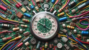 Shortening PCB Lead Times - AI generated image of an old style silver stop watch with a Printed Circuit board face. The watch is surrounded by brightly coloured electrical wiring and PCB components all branching out from the centre.