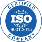 Round white and blue logo for ISO 9001:2015 accreditment. The words Certified company around the edge in blue and ISO and 9001:2015 in the middle with a globe image behind that text.