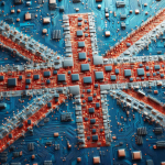 Benefits of working with a UK manufacture - AI generated blue red & white union flag image on a printed circuit board .