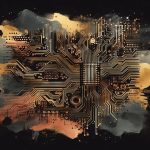 Abstract generated image of a printed circuit board , made up of thick paint brush strokes in gold and copper colours