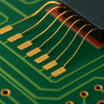 An AI-generated artistic rendering of a green PCB. Gold-colored wires arch from a black component to rectangular pads. The circuit traces and vias are stylized, creating a high-tech aesthetic rather than a technically accurate electrical layout.